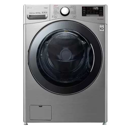 غسالة ونشافة ملابس إل جي ذات التعبئة الأمامية WDV1901SRV - سعة 18/10 كيلوغرام - محرك مزدوج بتقنية الإنفيرتر المباشر - تقنية توربو واش - محرك مباشر بست حركات - إمكانية الإيقاف المؤقت وإضافة الملابس - دورة غسيل منخفضة الاستهلاك - فضى