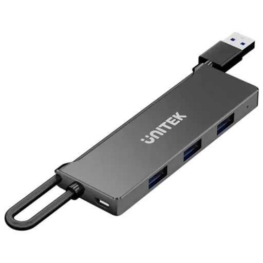 أدابتر يونيتيك USB 3.0 بأربعة منافذ USB-A موديل H1336ABK01 - دعم طاقة 5V/2A - دعم الشحن BC1.2 - مؤشر LED - تصميم مدمج - اسود