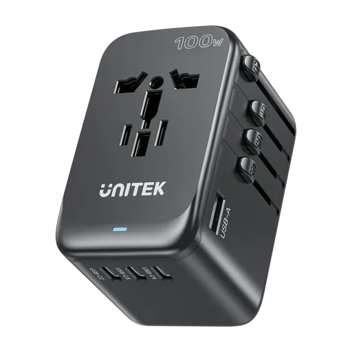 Unitek 100W Universal Travel Adapter P1123ABK - Advanced GaN Technology - 100W Ultra-Fast PD Charging - 5 in 1 Simultaneous Charging - Global Compatibility - Multi-Security Protection System - Black