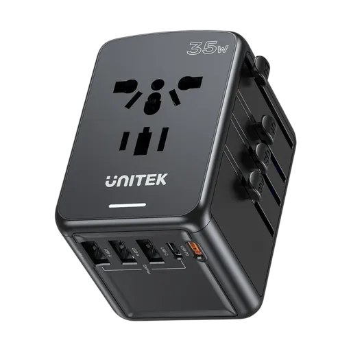 Unitek 35W Universal Travel Adapter P1121ABK - 35W High-Speed Charging - 2000W High Power AC Outlet - Global Compatibility - Compact & Travel-Friendly - Comprehensive Safety Protections - Dual Voltage Device Support - Black